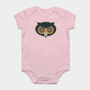 THERE BE OWLS Big Staring Owl Forest Bird Black Brown Eyes Gray Beak - UnBlink Studio by Jackie Tahara Baby Bodysuit